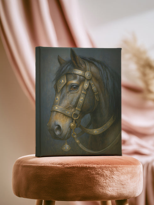 A rectangular, vertical matte canvas print depicting a classical, painterly portrait of a horse's head in profile. The horse is a deep, dark brown with a flowing black mane. It is adorned with an ornate and intricate bridle made of dark leather and burnished gold metal plates, featuring detailed scrollwork. A small, eye-shaped charm with a blue center dangles from the bridle near the horse's cheek. The lighting is dramatic chiaroscuro, with a soft light illuminating the horse's face.